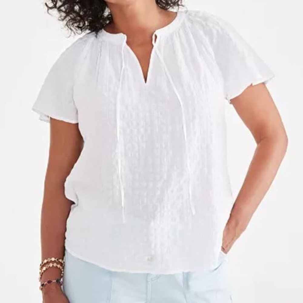 Style & Co Seersucker Split-Neck Flutter Sleeve Top | M